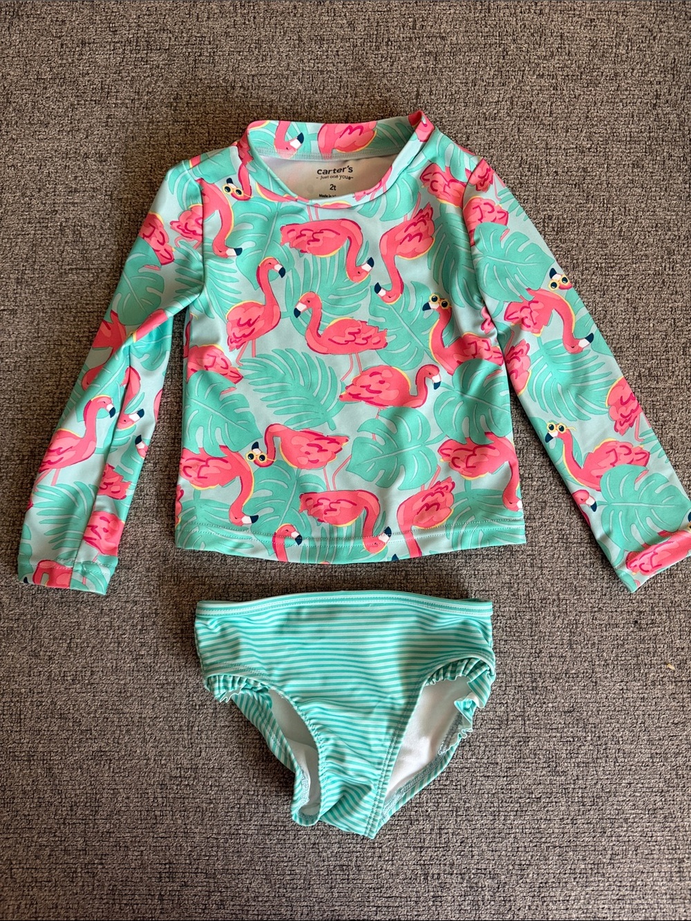 Carter's Mint Green & Pink Flamingo Long-Sleeve Rash Guard Set